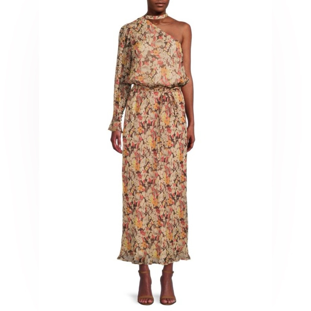 Polo Ralp Lauren Micele One Shoulder Brown Floral Midi Dress - Picture 2 of 9